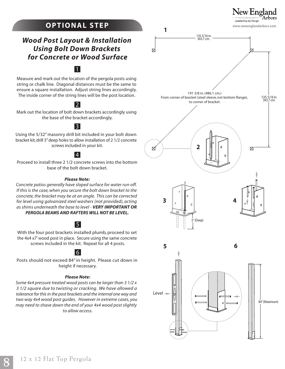 12 x 12 flat top pergola pg08, 12 x 12 flat top pergola | New England Arbors VA84046 User Manual | Page 8 / 14