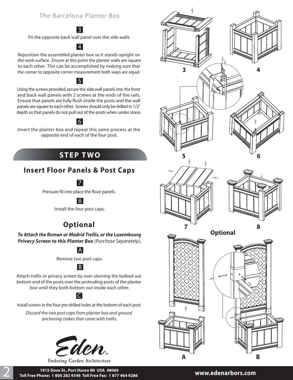 Step t wo, Insert floor panels & post caps, Optional | New England Arbors VA68210 User Manual | Page 2 / 2