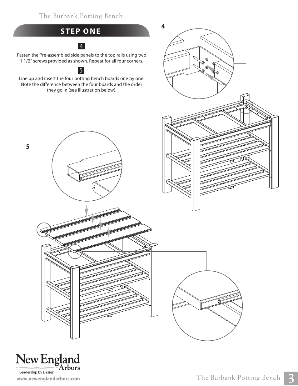 Burbank potting bench instructions pg3 | New England Arbors VA68219 User Manual | Page 3 / 5