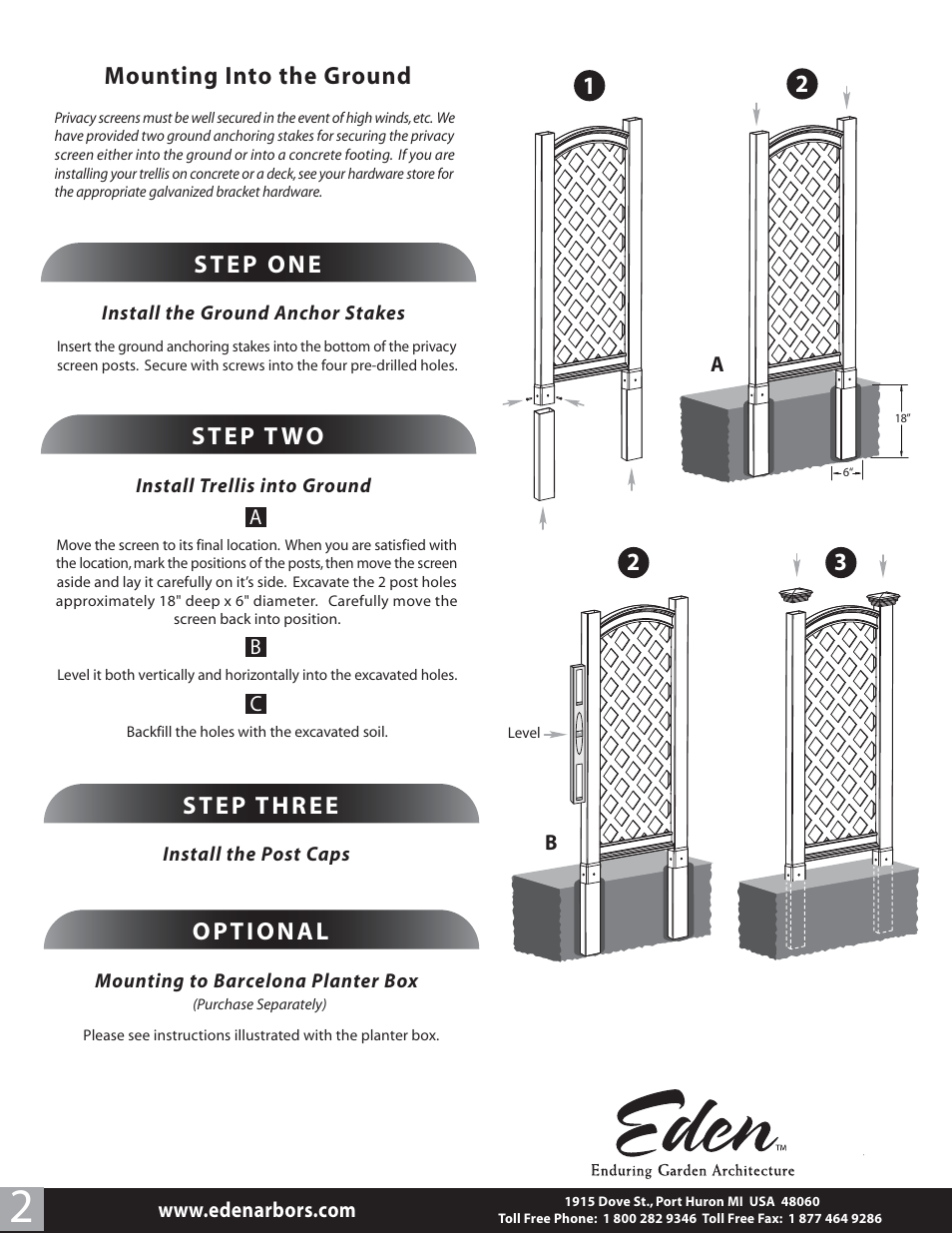 Eden-luxembourgprsc-2-1108, Step one, Mounting into the ground | Step t wo, Step three, Optional | New England Arbors VA68199 User Manual | Page 2 / 2