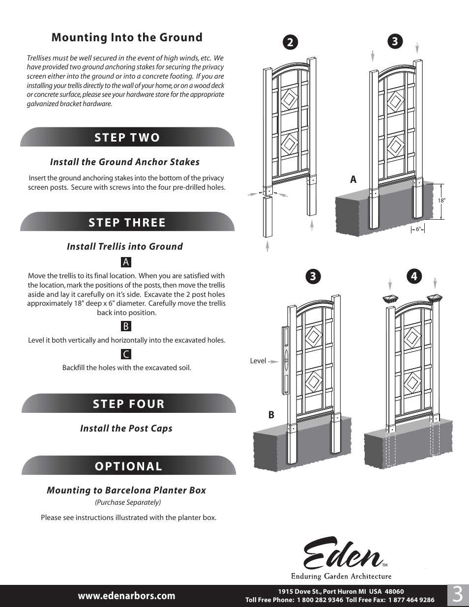 Eden-milantrellis-1108-3-f, Step t wo, Mounting into the ground | Step three, Step four, Optional | New England Arbors VA68188 User Manual | Page 3 / 3