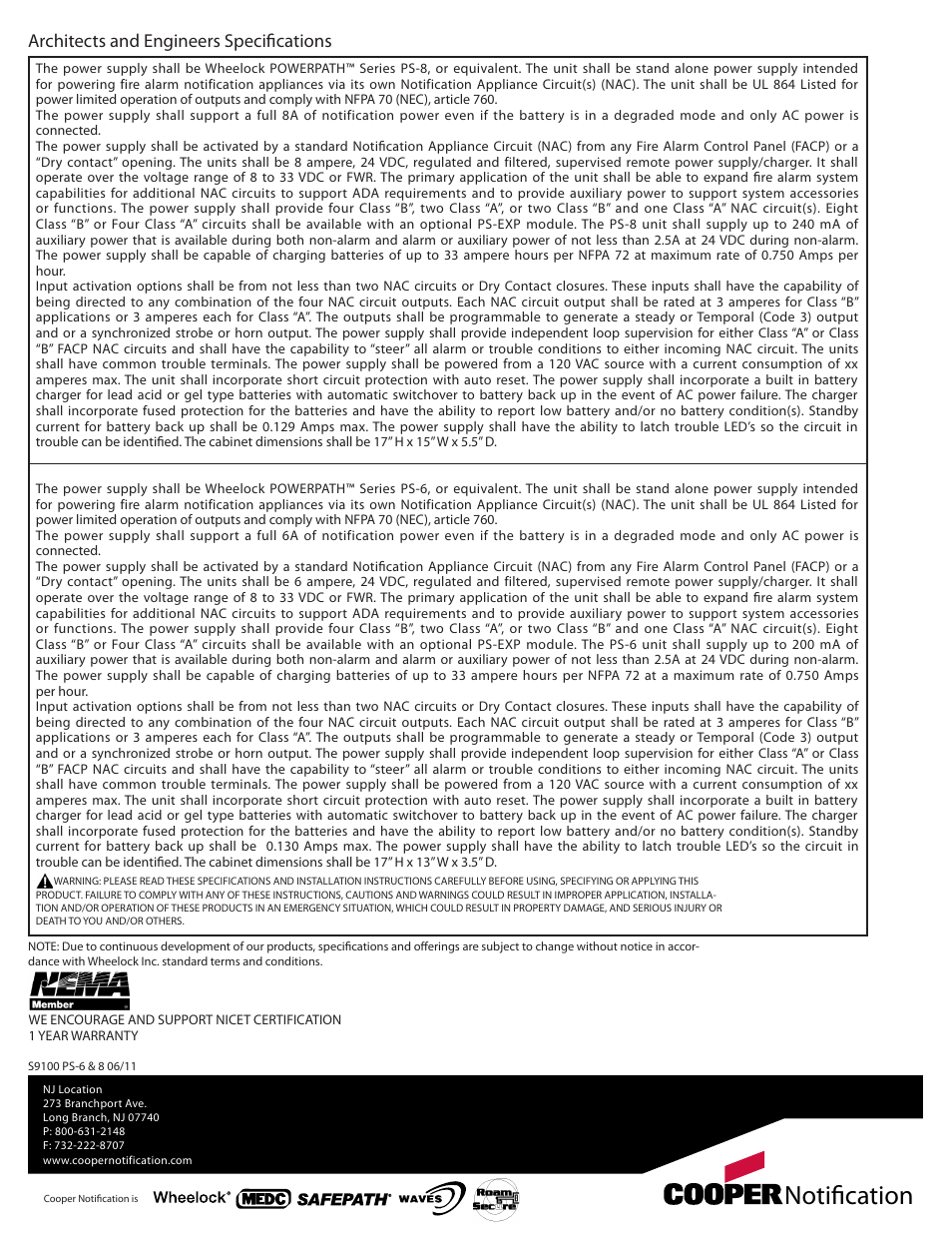 Notification, Architects and engineers specifications | Cooper Bussmann POWERPATH PS-6 User Manual | Page 4 / 4