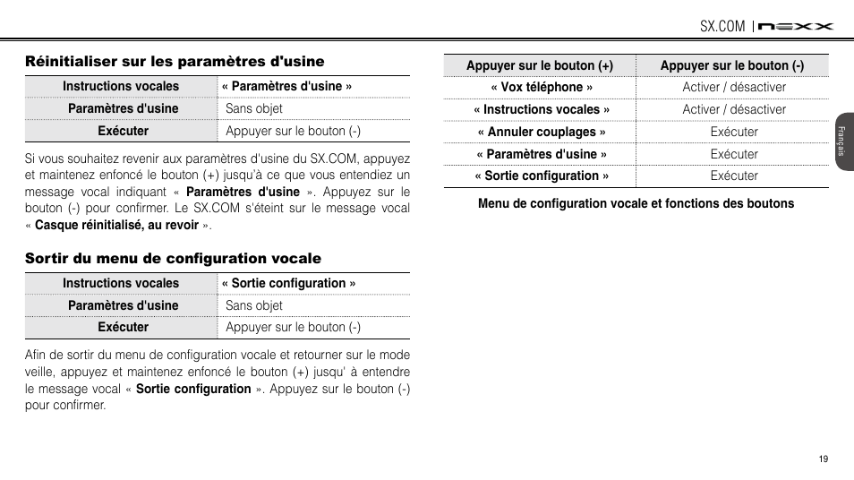 Réinitialiser sur les paramètres d'usine, Sortir du menu de configuration vocale | NEXX Helmets SX.COM User Manual | Page 100 / 162