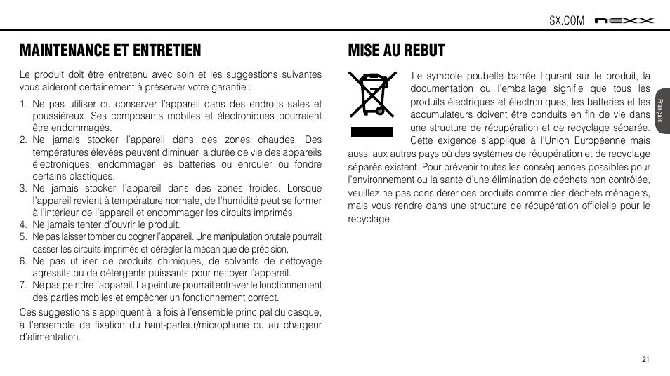 Maintenance et entretien, Mise au rebut | NEXX Helmets SX.COM User Manual | Page 102 / 162
