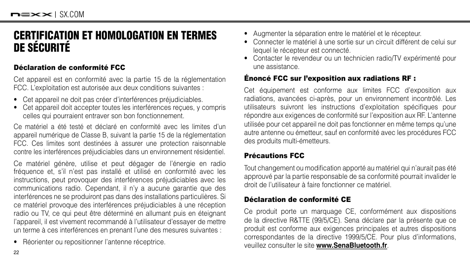 Déclaration de conformité fcc, Énoncé fcc sur l’exposition aux radiations rf, Précautions fcc | Déclaration de conformité ce | NEXX Helmets SX.COM User Manual | Page 103 / 162