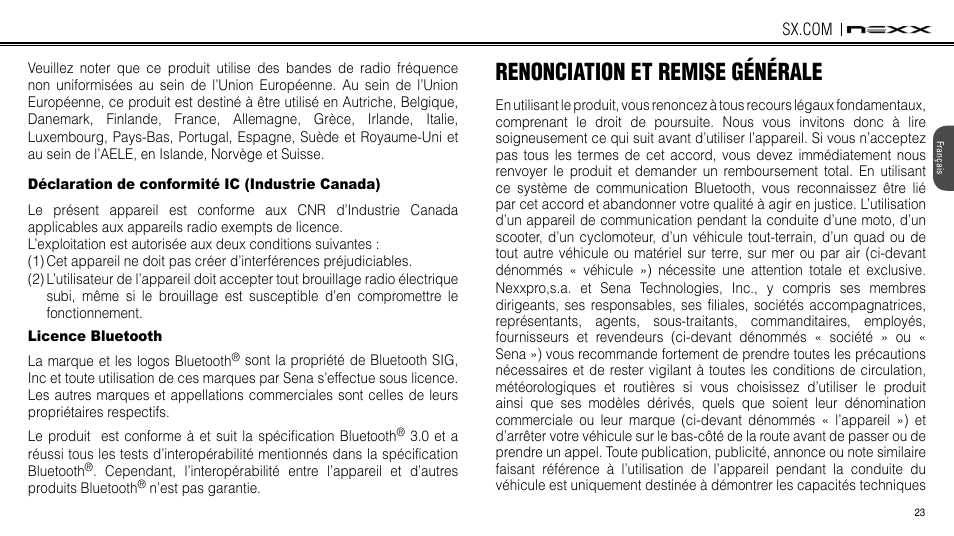 Déclaration de conformité ic (industrie canada), Licence bluetooth, Renonciation et remise générale | NEXX Helmets SX.COM User Manual | Page 104 / 162