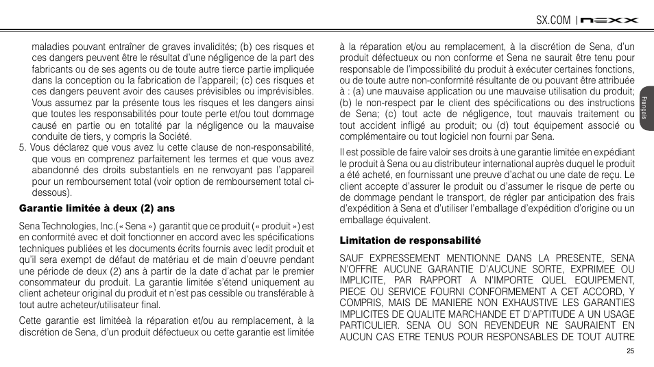 Garantie limitée à deux (2) ans, Limitation de responsabilité | NEXX Helmets SX.COM User Manual | Page 106 / 162
