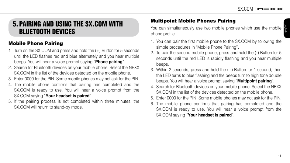 Pairing and using the smh3 with bluetooth devices, Mobile phone pairing, Multipoint mobile phones pairing | NEXX Helmets SX.COM User Manual | Page 11 / 162