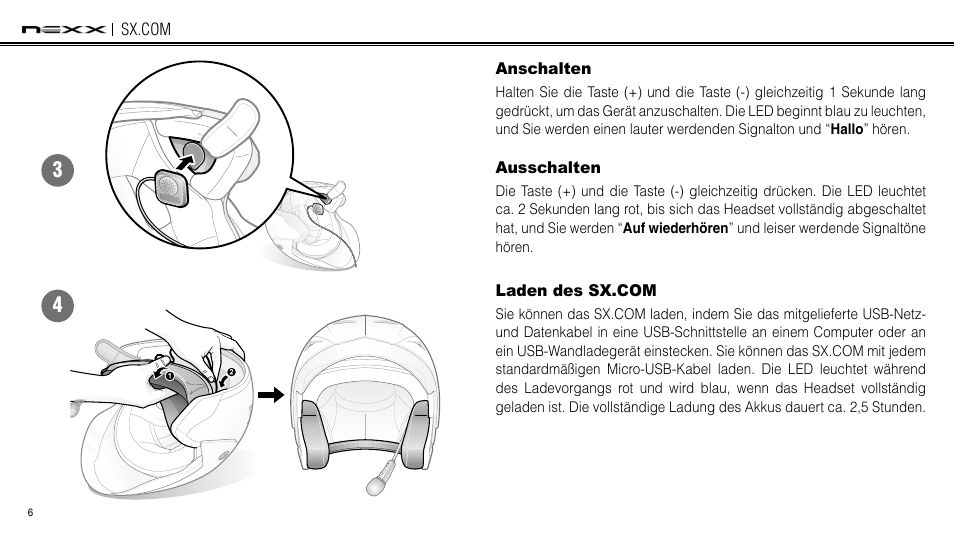 Anschalten, Ausschalten, Laden des smh3 | Laden des sx.com | NEXX Helmets SX.COM User Manual | Page 114 / 162