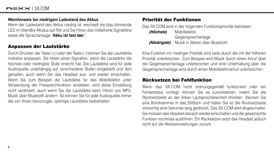 Anpassen der lautstärke, Priorität der funktionen, Rücksetzen bei fehlfunktion | NEXX Helmets SX.COM User Manual | Page 116 / 162