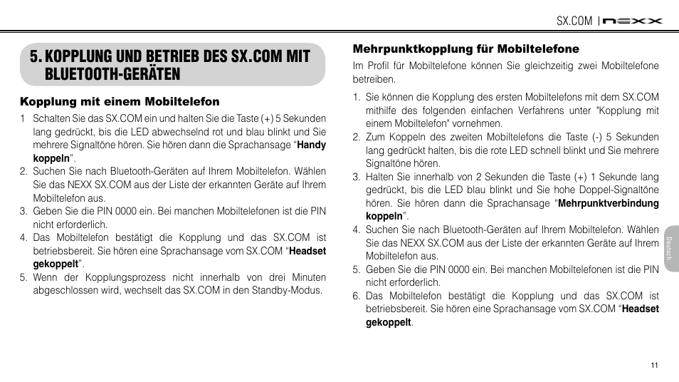 Kopplung mit einem mobiltelefon, Mehrpunktkopplung für mobiltelefone, Kopplung und betrieb des sx.com mit | Bluetooth-geräten | NEXX Helmets SX.COM User Manual | Page 119 / 162