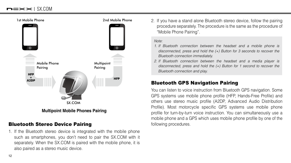 Bluetooth stereo device pairing, Bluetooth gps navigation pairing | NEXX Helmets SX.COM User Manual | Page 12 / 162