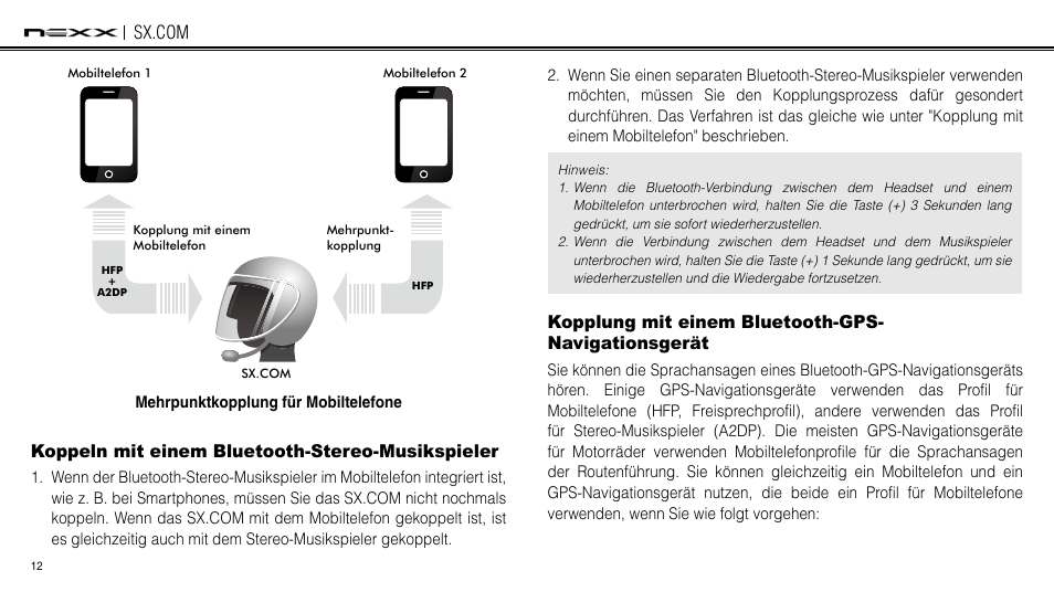 Koppeln mit einem bluetooth-stereo-musikspieler, Kopplung mit einem bluetooth-gps-navigationsgerät, Kopplung mit einem bluetooth-gps- navigationsgerät | NEXX Helmets SX.COM User Manual | Page 120 / 162