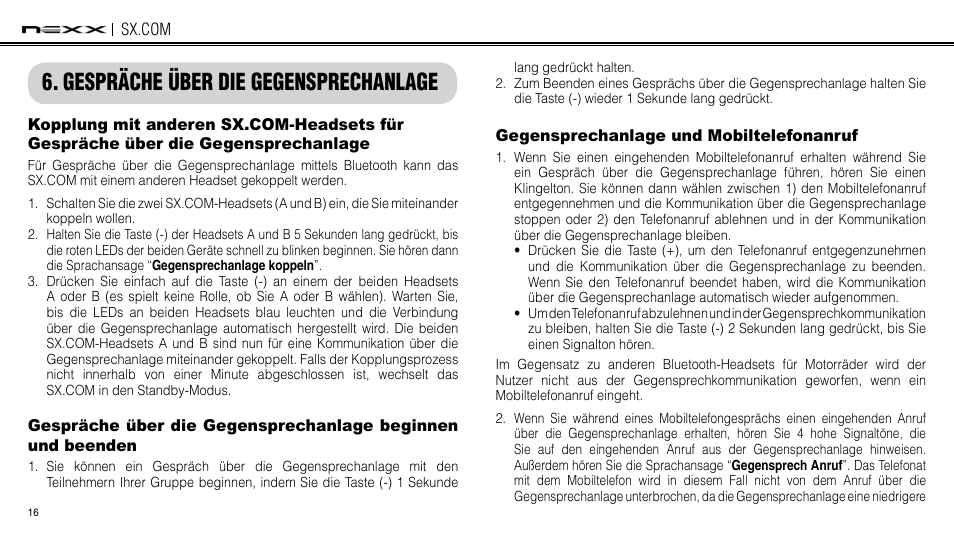Gespräche über die gegensprechanlage, Gegensprechanlage und mobiltelefonanruf, Gegensprechanlage | NEXX Helmets SX.COM User Manual | Page 124 / 162