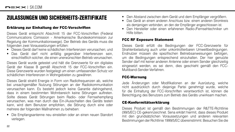 Zulassungen und sicherheits-zertifikate, Erklärung zur einhaltung der fcc-vorschriften, Fcc rf exposure statement | Fcc-warnung, Ce-konformitätserklärung | NEXX Helmets SX.COM User Manual | Page 130 / 162