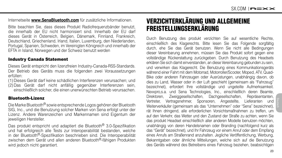 Industry canada statement, Bluetooth-lizenz, Verzichterklärung und allgemeine | Freistellungserklärung | NEXX Helmets SX.COM User Manual | Page 131 / 162
