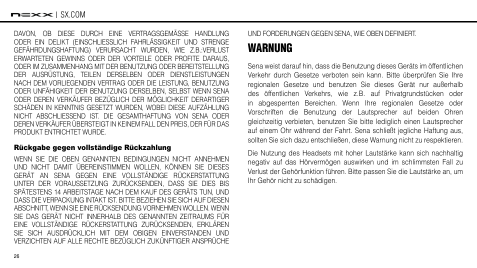 Rückgabe gegen vollständige rückzahlung, Warnung | NEXX Helmets SX.COM User Manual | Page 134 / 162