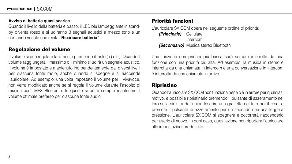 Regolazione del volume, Priorità funzioni, Ripristino | NEXX Helmets SX.COM User Manual | Page 143 / 162