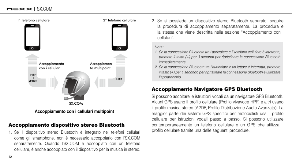 Accoppiamento dispositivo stereo bluetooth, Accoppiamento navigatore gps bluetooth | NEXX Helmets SX.COM User Manual | Page 147 / 162