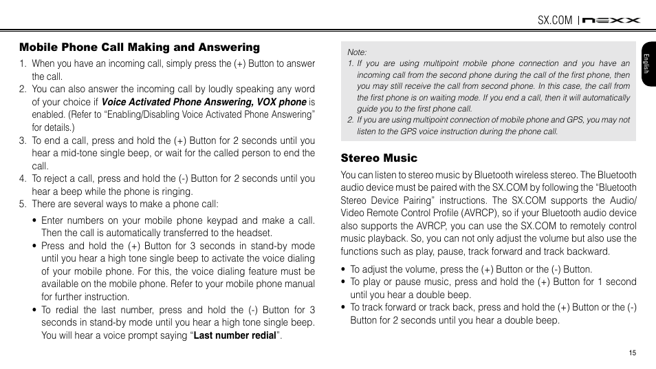 Mobile phone call making and answering, Stereo music | NEXX Helmets SX.COM User Manual | Page 15 / 162
