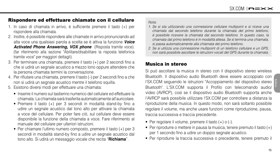 Rispondere ed effettuare chiamate con il cellulare, Musica in stereo | NEXX Helmets SX.COM User Manual | Page 150 / 162
