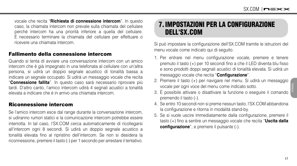 Fallimento della connessione intercom, Riconnessione intercom, Impostazioni di configurazione dell'smh3 | Impostazioni di configurazione dell'sx.com | NEXX Helmets SX.COM User Manual | Page 152 / 162
