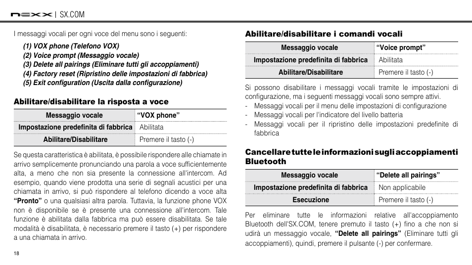 Abilitare/disabilitare la risposta a voce, Abilitare/disabilitare i comandi vocali | NEXX Helmets SX.COM User Manual | Page 153 / 162