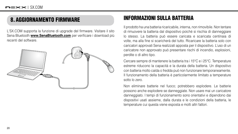 Upgrade del firmware, Informazioni sulla batteria, Aggiornamento firmware informazioni sulla batteria | NEXX Helmets SX.COM User Manual | Page 155 / 162