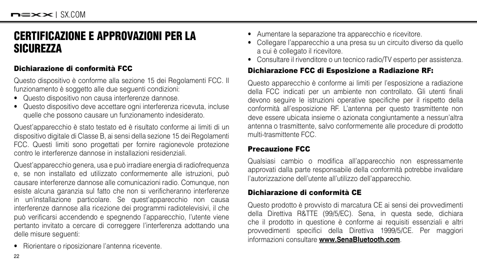 Certificazione e approvazioni per la sicurezza, Dichiarazione di conformità fcc, Dichiarazione fcc di esposizione a radiazione rf | Precauzione fcc, Dichiarazione di conformità ce | NEXX Helmets SX.COM User Manual | Page 157 / 162