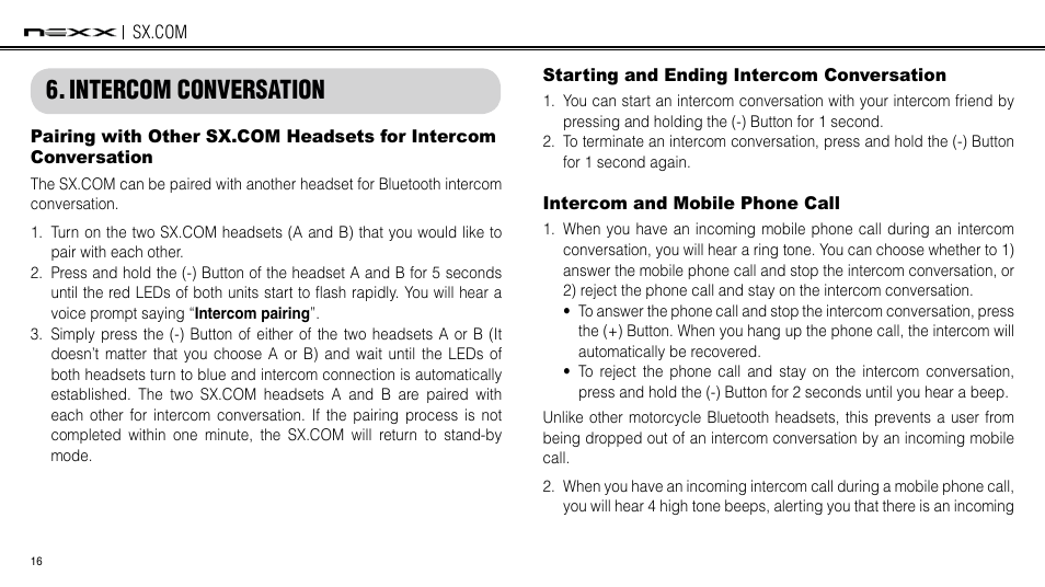 Intercom conversation, Starting and ending intercom conversation, Intercom and mobile phone call | NEXX Helmets SX.COM User Manual | Page 16 / 162