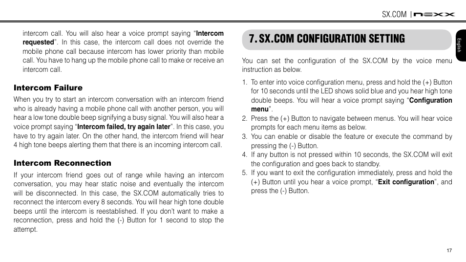 Intercom failure, Intercom reconnection, Smh3 configuration setting | Sx.com configuration setting | NEXX Helmets SX.COM User Manual | Page 17 / 162