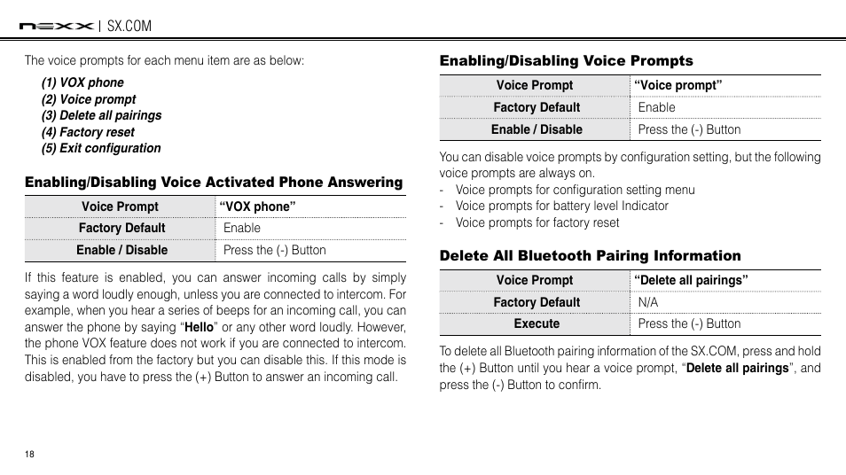 Enabling/disabling voice activated phone answering, Enabling/disabling voice prompts, Delete all bluetooth pairing information | NEXX Helmets SX.COM User Manual | Page 18 / 162