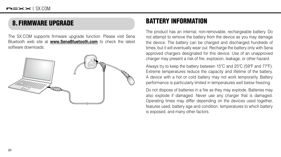 Firmware upgrade, Battery information, Firmware upgrade battery information | NEXX Helmets SX.COM User Manual | Page 20 / 162