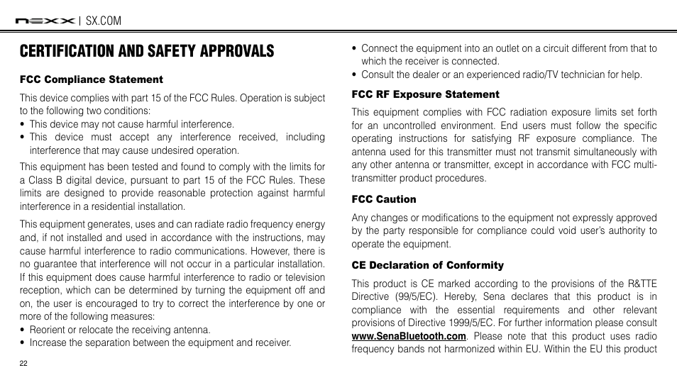 Certification and safety approvals, Fcc compliance statement, Fcc rf exposure statement | Fcc caution, Ce declaration of conformity | NEXX Helmets SX.COM User Manual | Page 22 / 162