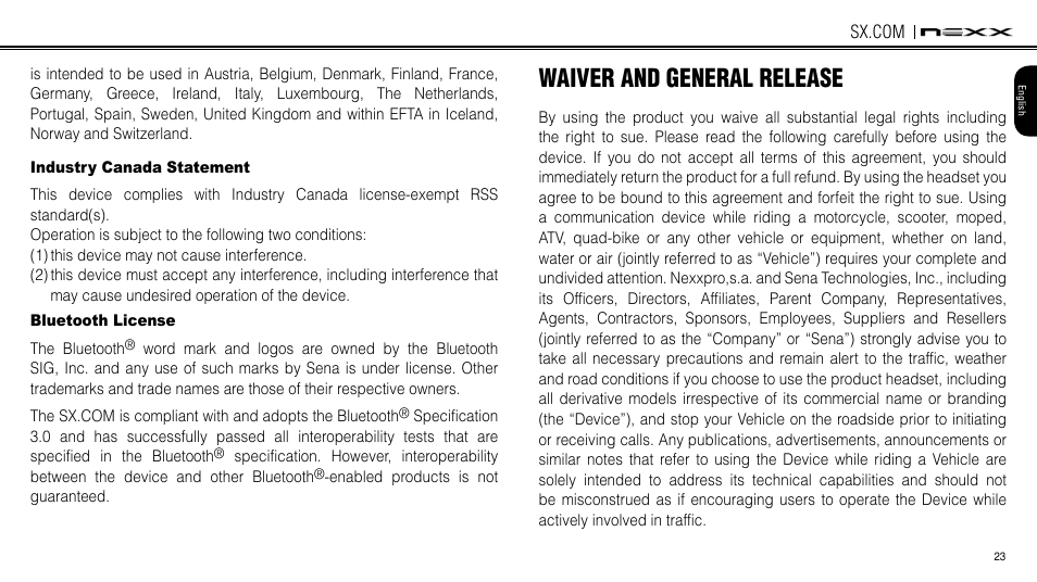 Industry canada statement, Bluetooth license, Waiver and general release | NEXX Helmets SX.COM User Manual | Page 23 / 162