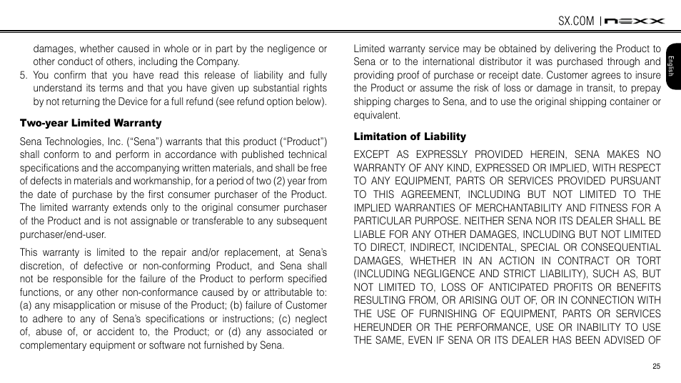 Two-year limited warranty, Limitation of liability | NEXX Helmets SX.COM User Manual | Page 25 / 162