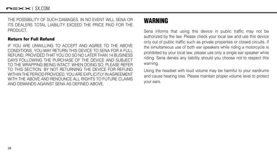 Return for full refund, Warning | NEXX Helmets SX.COM User Manual | Page 26 / 162