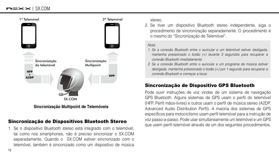 Bluetooth stereo device pairing, Bluetooth gps navigation pairing, Sincronização de dispositivos bluetooth stereo | Sincronização de dispositivo gps bluetooth | NEXX Helmets SX.COM User Manual | Page 39 / 162