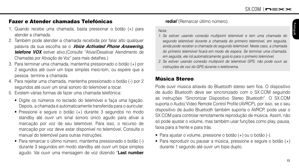 Mobile phone call making and answering, Stereo music, Elefónicas | NEXX Helmets SX.COM User Manual | Page 42 / 162