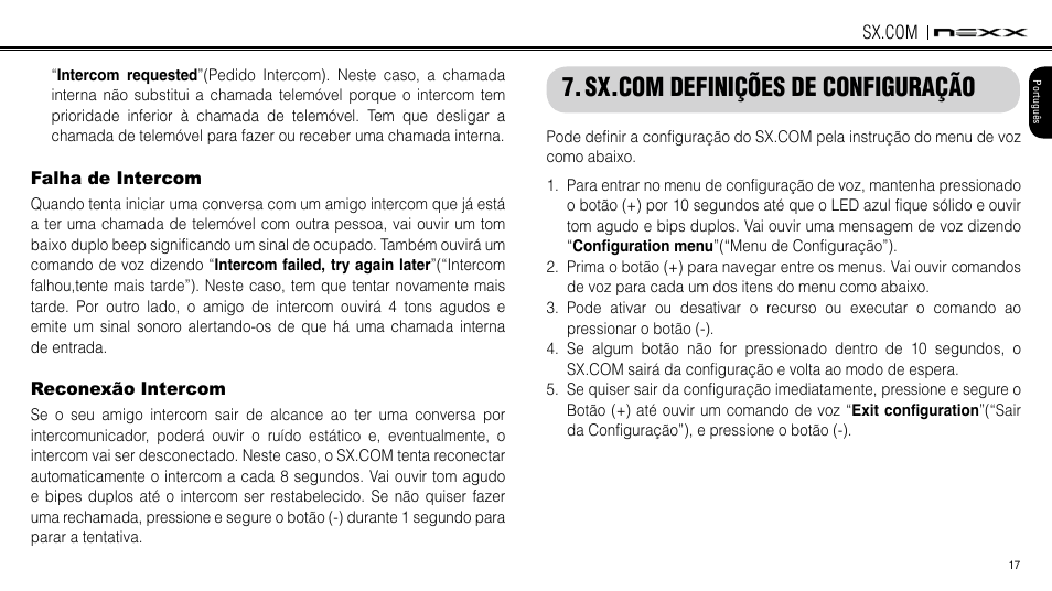 Intercom failure, Intercom reconnection, Smh3 configuration setting | Falha de intercom, Reconexão de intercom, Sx.com definições de configuração | NEXX Helmets SX.COM User Manual | Page 44 / 162