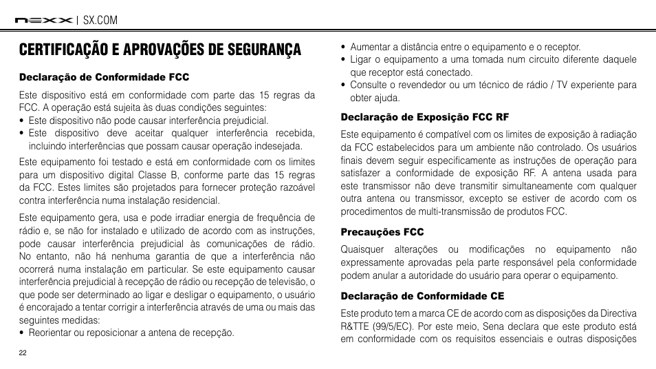 Certification and safety approvals, Fcc compliance statement, Fcc rf exposure statement | Fcc caution, Ce declaration of conformity, Certificação e aprovações de segurança, Midade fcc, Declaração de exposição fcc rf, Ecauções fcc, Midade ce | NEXX Helmets SX.COM User Manual | Page 49 / 162