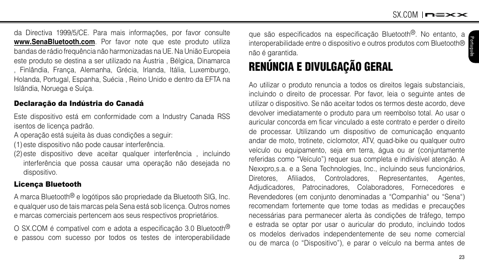 Industry canada statement, Bluetooth license, Waiver and general release | Declaração da indústria canadá, Licença bluetooth, Renúncia e divulgação geral | NEXX Helmets SX.COM User Manual | Page 50 / 162