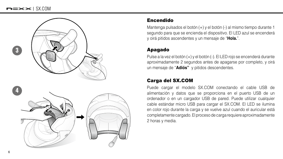 Encendido, Apagado, Carga del smh3 | Carga del sx.com | NEXX Helmets SX.COM User Manual | Page 60 / 162