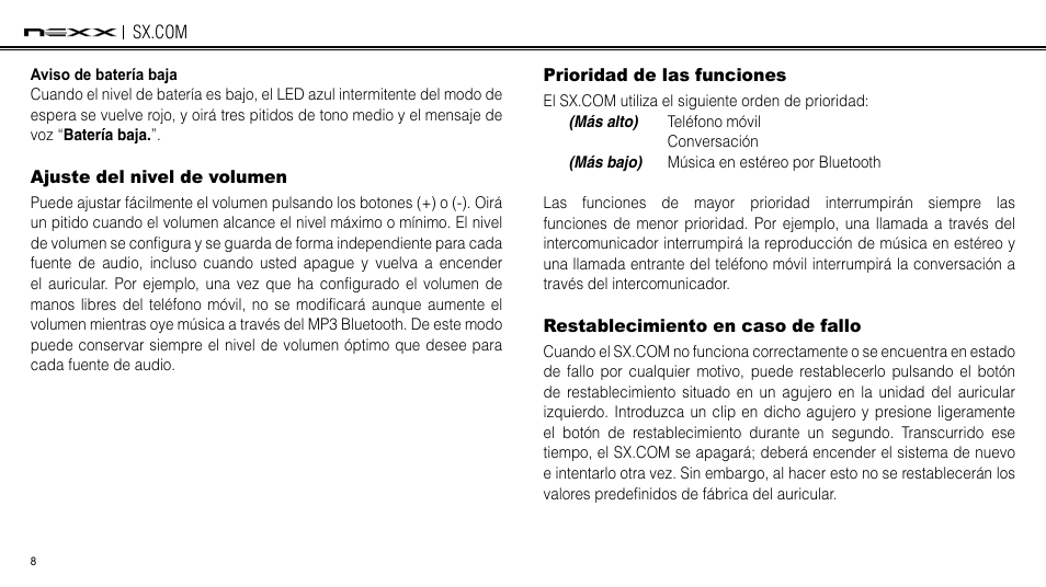 Ajuste del nivel de volumen, Prioridad de las funciones, Restablecimiento en caso de fallo | NEXX Helmets SX.COM User Manual | Page 62 / 162