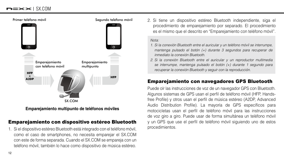 Emparejamiento con dispositivo estéreo bluetooth, Emparejamiento con navegadores gps bluetooth | NEXX Helmets SX.COM User Manual | Page 66 / 162