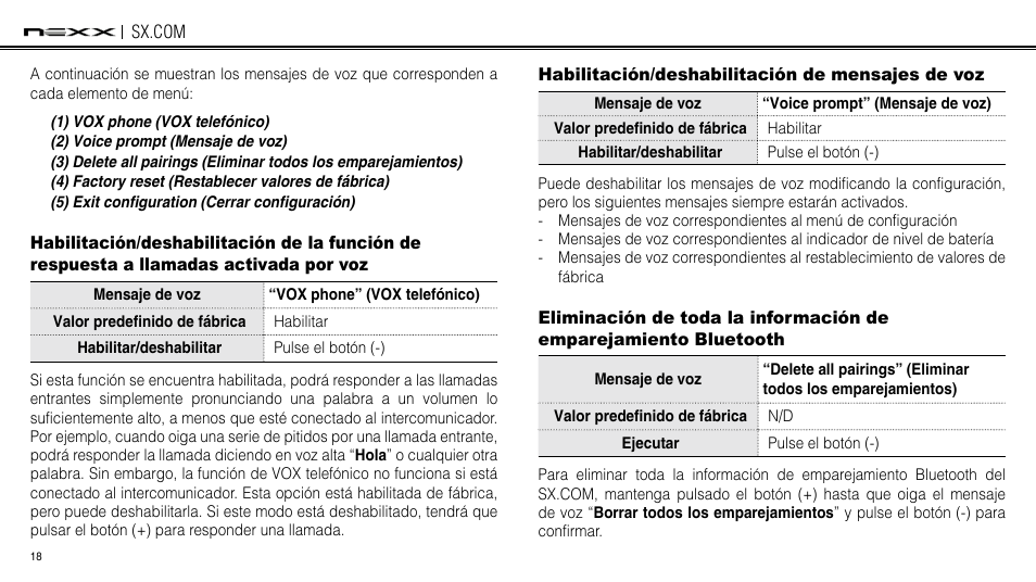 Habilitación/deshabilitación de mensajes de voz, Activada por voz | NEXX Helmets SX.COM User Manual | Page 72 / 162