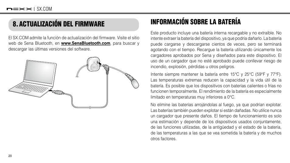 Actualización del firmware, Información sobre la batería | NEXX Helmets SX.COM User Manual | Page 74 / 162