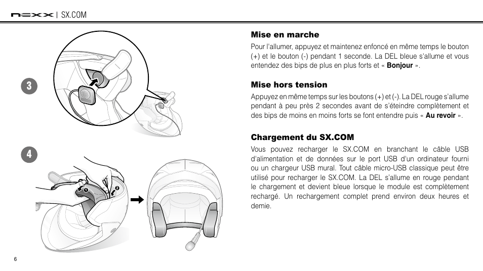 Mise en marche, Mise hors tension, Chargement du smh3 | NEXX Helmets SX.COM User Manual | Page 87 / 162