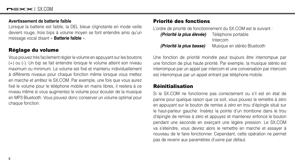 Réglage du volume, Priorité des fonctions, Réinitialisation | NEXX Helmets SX.COM User Manual | Page 89 / 162