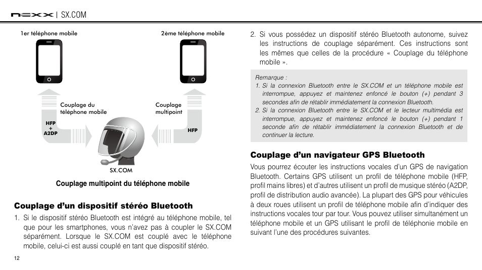 Couplage d’un dispositif stéréo bluetooth, Couplage d’un navigateur gps bluetooth | NEXX Helmets SX.COM User Manual | Page 93 / 162